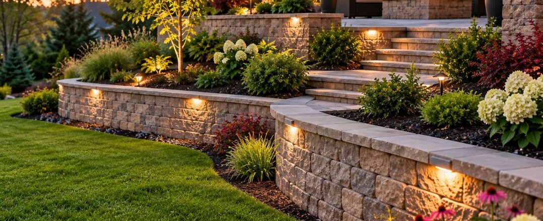 Landscaped backyard with tiered stone retaining walls, lush garden beds, outdoor lighting, steps, and a patio with a fire pit.